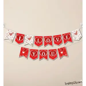 I love You Yazılı Kırmızı Renkli Kalpli Banner Yazı 190 cm Sevgililer Günü Süpriz Süsleme
