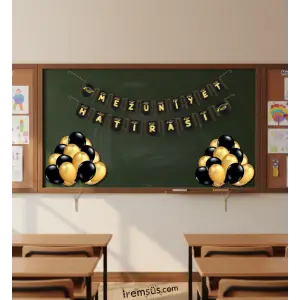 Mezuniyet Hatırası Yazılı Banner Siyah Gold Renk Balonlu Süsleme Seti Mezuniyet Partisi Süsleme