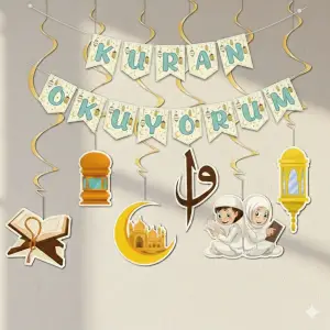 Kuran Okuyorum Kutmalası 2li Süsleme Paketi Banner Tavan Sarkıt Süs 6 lı Kuran Partisi Süslemesi