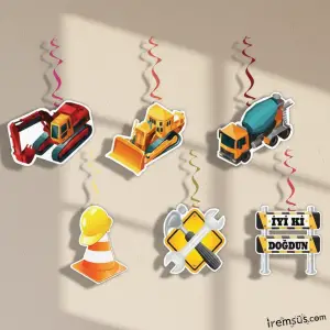 İnşaat Konsept Doğum Günü Tavandan Sarkıt Süslemesi 6 lı İnşaat Süslemesi