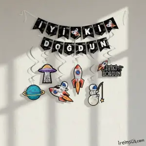Uzay Konsept Doğum günü Patisi İyi ki Doğdun Banner + 6lı Tavan Süs Paketi Ekonomik Paket Süsleme