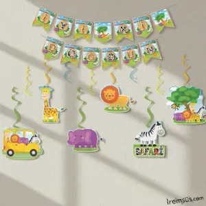 Safari Konsept Doğum Günü Partisi İyi ki Doğdun Banner + 6lı Tavan Süs Süsleme Paket Ekonomik Paket