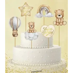 Ayıcık Konsept Pasta Cupcake Büyük Boy Süsleme Kürdanı 6 Adet Ayıcık Tema Parti Süsü
