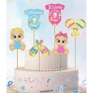 Cinsiyet Partisi Konsept Pasta Cupcake Büyük Boy Süsleme Kürdanı 6 Adet Cinsiyet Tema Parti Süsü