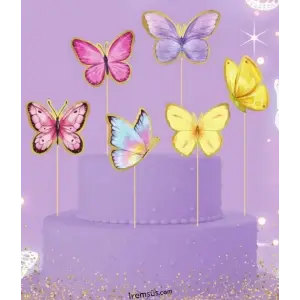 Kelebek Konsept Pasta Cupcake Büyük Boy Süsleme Kürdanı 6 Adet Kelebek Tema Parti Süsü