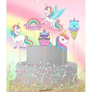 Unicorn Konsept Pasta Cupcake Büyük Boy Süsleme Kürdanı 6 Adet Unicorn Tema Parti Süsü