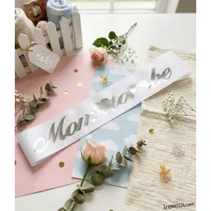 Mom To Be Gümüş Yaldızlı Beyaz Kuşak 150 cm Yeni Doğum ve Cinsiyet Partisi Süslemesi