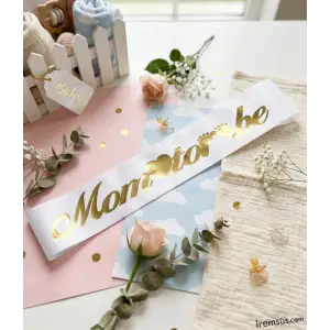 Mom To Be Gold Yaldızlı Beyaz Kuşak 150 cm Yeni Doğum ve Cinsiyet Partisi Süslemesi