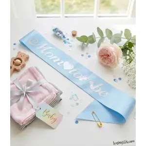 Mom To Be Gümüş Yaldızlı Mavi Kuşak 150 cm Erkek Yeni Doğum ve Cinsiyet Partisi Süslemesi