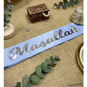 Maşallah Yazılı Mavi Renk Gümüş Yaldızlı Kuşak Sünnet Düğün Süslemesi