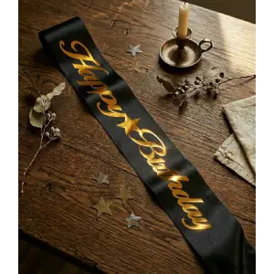 Happy Birthday Yazılı Gold Yaldızlı Siyah Kuşak 150 Cm Doğum Günü Kuşağı Süslemesi