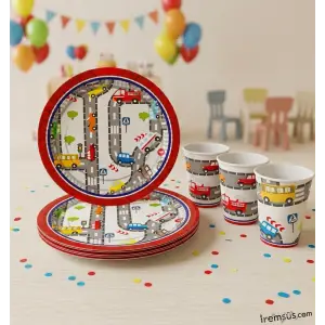 Trafik Konsept Doğum Günü Partisi Karton Tabak Bardak Seti 8 Li Araba Tema Parti Tabağı