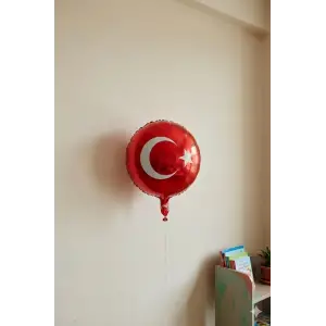 Türk Bayrağı Baskılı Kırmızı Renk Yuvarlak Folyo Helyum Balon 18 29 Ekim Süsleme Balonu