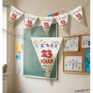 23 nisan Baskılı Beyaz Kırmızı Çocuklu Üçgen Süsleme Flama 2 Mt 23 Nisan Bayramı Süslemesi