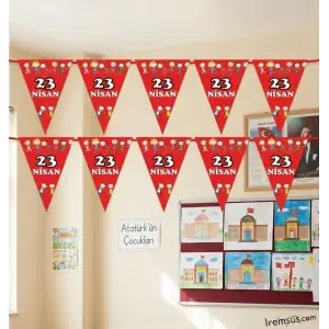 23 Nisan Baskılı Kırmızı Beyaz Çocuklu Üçgen Süsleme Flama 2 Mt 23 Nisan Süslemesi
