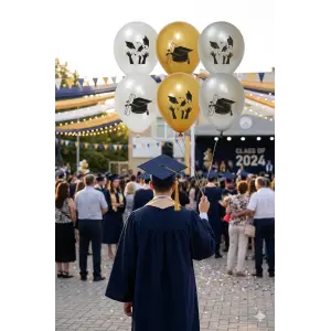 Mezuniyet Kep Baskılı Metalik Balon Beyaz-Gümüş-Gold Renk 10 Adet