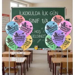 Okulda İlk Günüm Baskılı Karışık Renk Lateks Balon 10 Adet 12 Back To School Balon Süsleme