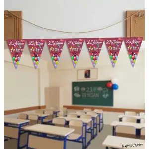 23 nisan Baskılı Kırmızı Çocuklu Üçgen Süsleme Flama 2 Mt 23 Nisan Bayramı