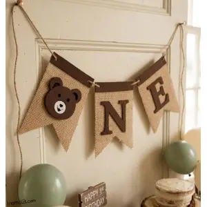 Ayıcıklı One Yazılı Hasır Kumaş Flama Banner Süsleme 1 Yaş Doğum Günü Süslemesi