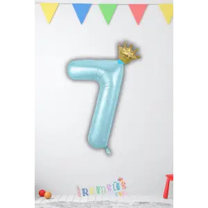 7 Yaş Doğum Günü Kral Taçlı Mavi Renk Rakam Folyo Balon 7 Rakamı Folyo Balon Seti