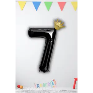7 Yaş Doğum Günü Kral Taçlı Siyah Renk Rakam Folyo Balon 7 Rakamı Folyo Balon Seti