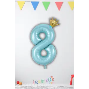 8 Yaş Doğum Günü Kral Taçlı Mavi Renk Rakam Folyo Balon 8 Rakamı Folyo Balon Seti