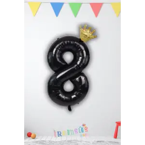 8 Yaş Doğum Günü Kral Taçlı Siyah Renk Rakam Folyo Balon 8 Rakamı Folyo Balon Seti
