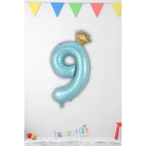 9 Yaş Doğum Günü Kral Taçlı Mavi Renk Rakam Folyo Balon 9 Rakamı Folyo Balon Seti
