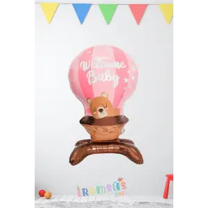 Ayıcık Şekilli Welcome Baby Ayaklı Folyo Balon Pembe Renk 90*55 cm Kız Bebek Yeni Doğum Süslemesi