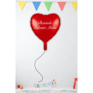 Benimle Evlenir misin Baskılı Kırmızı Renk Folyo Kalp Balon 45 cm Evlilik Teklifi Sürprizi Süslemesi