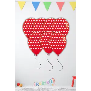 Beyaz Kalp Baskılı Kırmızı Renk Balon 10 Adet Kalpli Süsleme Balonu Kalp Balon