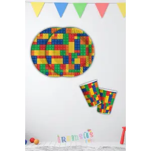 Bloklar Konsept Doğum Günü Partisi Karton Tabak Bardak Seti 8 Li Blok Tema Parti Tabağı
