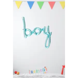 Boy Yazılı Birleşik Mavi Renk Kaligrafi Folyo Balon 88 cm Yeni Doğum Süsleme Cinsiyet Partisi