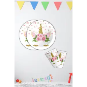 Çiçekli Unicorn Konsept Doğum Günü Karton Tabak Bardak Seti 8 li Çiçekli Unicorn Süsleme