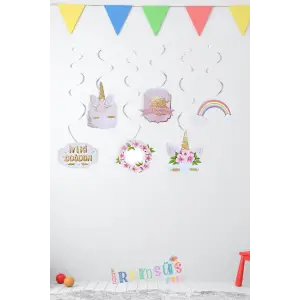 Çiçekli Unicorn Konsept Doğum Günü Partisi 6 lı Tavandan Sarkıt Süs Çiçekli Unicorn Süslemesi