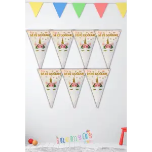 Çiçekli Unicorn Konsept Doğum Günü Partisi Üçgen İyiki Doğdun Flama 2mt Çiçekli Unicorn Masa Süsü