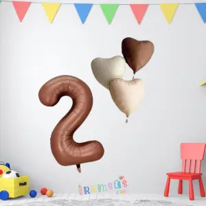Çikolata Renk Konsept 2 Yaş Kalp Balonlu Set Retro Renkli 2 Yaş Doğum Günü Folyo Balon Seti
