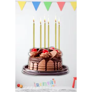 Dekoratif Uzun Pasta Mumu Gold Renk 6lı 18 cm İnce Uzun Pasta Mumu