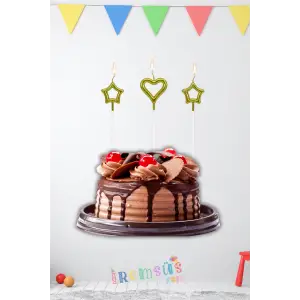 Dekoratif Uzun Pasta Mumu Gold Renkli 3lü Kalp Yıldız Mum Seti