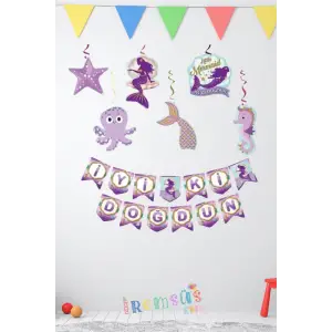 Deniz Kızı Konsept Doğum Günü Partisi İyi ki Doğdun Banner + 6lı Tavan Süs Süslemesi Ekonomik Paket