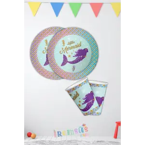 Deniz Kızı Konsept Doğum Günü Partisi Karton Tabak Bardak Seti 8 li Deniz Kızı Süsleme