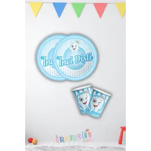 Erkek Bebek İnci Dişli Tabak Bardak Set 8li Dişim Çıktı Partisi Diş Buğdayı Süsü