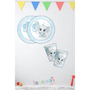 Fil Tema Mavi Konsept Doğum Günü Karton Tabak Bardak Parti Seti 8 li Erkek Yeni Doğum Süsleme