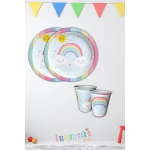 Gökkuşağı Konsept Doğum Günü Partisi Karton Tabak Bardak Seti 8 Li Gökkuşağı Tema Parti Tabağı