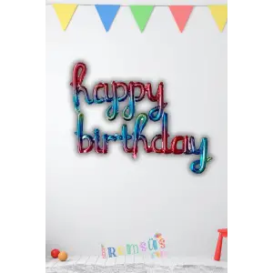 Gökkuşağı Renkli Happy Birthday Kaligrafi Yazılı Folyo Balon Doğum Günü Partisi Balonu