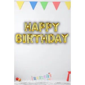 Gold Renk Happy Bırthday Yazılı Folyo Harfli Balon Seti 36 Cm Altın Rengi Konsept Süsleme