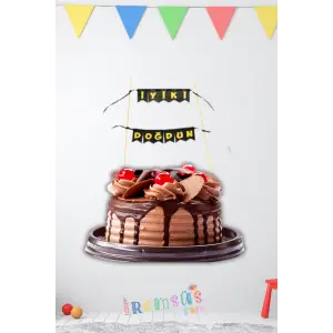 Gold Renk Iyiki Doğdun Yazılı Siyah Pasta Bayrağı Banner Flama