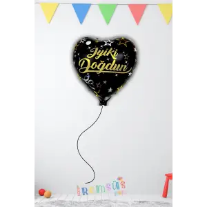 Gümüş Renk Üzeri Siyah Renk İyi ki Doğdun Yazılı Folyo Helyum Kalp Balon 18 Gümüş Siyah Süsleme
