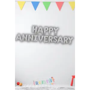 Happy Annıversary Gümüş Renk Folyo Balon Seti Set 36 cm Yıl Dönümü Kutlaması Folyo Balon
