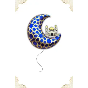 Hilal Cami Folyo Balon 55 Cm Hoşgeldin Ramazan İslami Motifli Mavi Gold Renk Süsleme